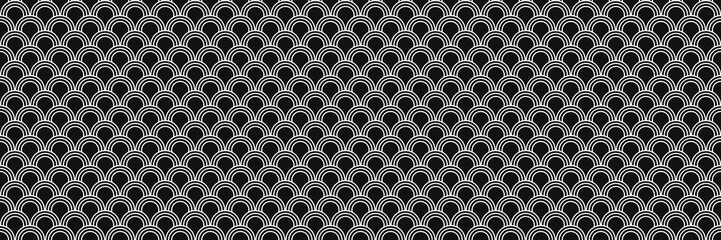 Minimalist seamless black and white Japanese Seigaiha wave pattern. Geometric fish scale background for textiles and design. © Enka Enka