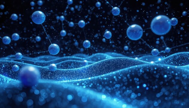 Abstract blue spheres hovering over a wavy microscopic surface with wavy texture molecular structure abstract background science visualization 3D render glowing particles atomic models