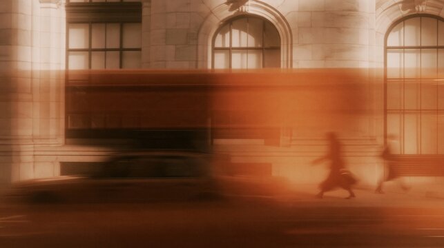 Blurred pedestrians and vehicle passing arched urban windows