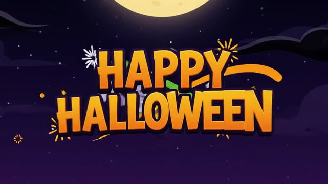 Animated happy halloween text appearing on a dark background with a spooky house silhouette and glowing jack o lanterns under a full moon at night