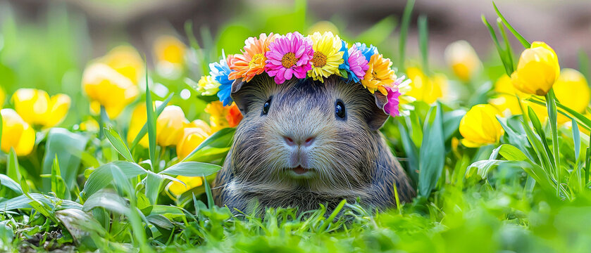 A charming guinea pig adorned with a multi-colored flower crown, nestled in vibrant green grass among yellow blooms