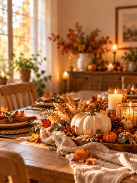 Family gathering in cozy dining room with fall decorations creates intimate atmosphere with candles, pumpkins, and autumn leaves on table