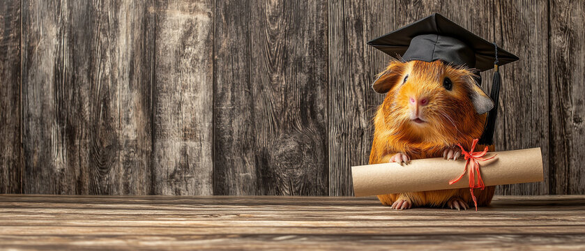 A cute guinea pig wearing a black graduation cap, holding a rolled diploma with a red ribbon, stands on a rustic wooden background