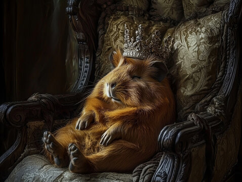 A fluffy, crowned guinea pig lounges regally on an ornate, upholstered armchair, eyes gently closed in relaxation