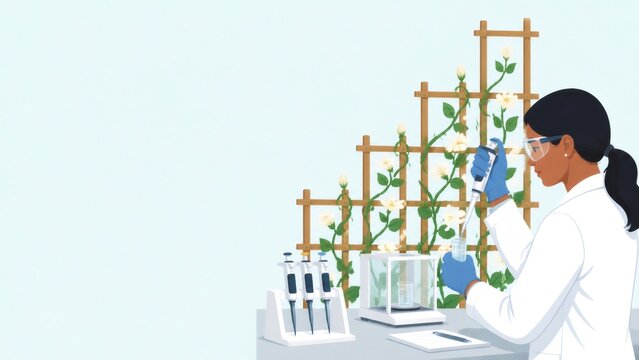 Female scientist pipetting liquid in laboratory, researching plant growth and biotechnology development
