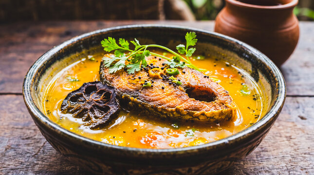 Authentic Assamese Masor Tenga Sour Fish Curry with Sun-Dried Garcinia and Fresh Cilantro in an Earthenware Bowl