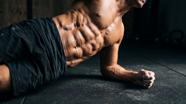 Muscular man performing side plank exercise on gym floor with chalk dust on hands
