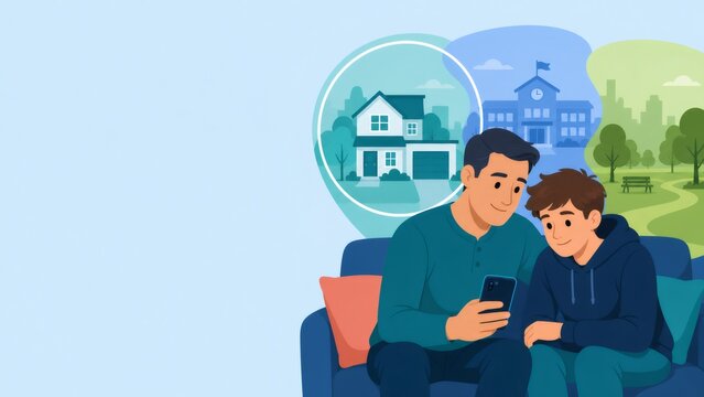 Father and son sharing phone, discussing location boundaries for child safety and digital parenting