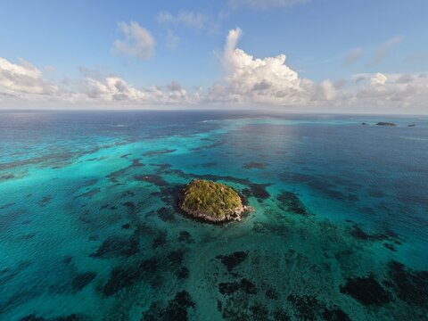 Aerial View of Crab Cay Cayo Cangrejo Surrounded by Turquoise Waters and Coral Barrier Reef in Providencia Island, Colombia Caribbean Sea Travel Destination Microstock Photography Background