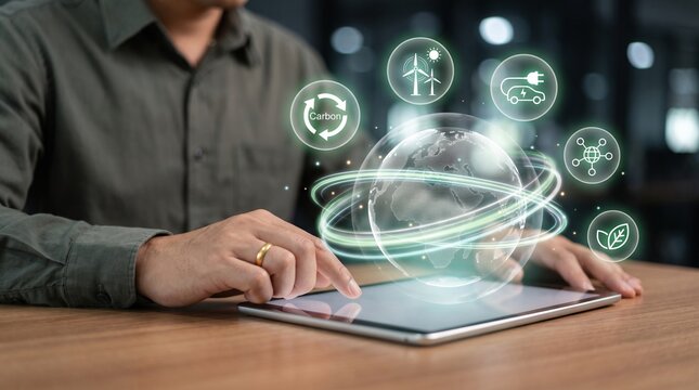 Business professional analyzing digital holographic global sustainability data projections using modern tablet technology while working in a dark office environment