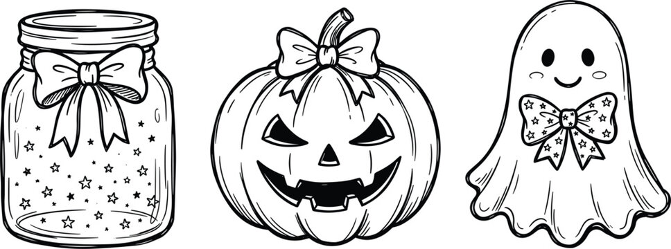 Cute Halloween vector set featuring starry mason jar jack o lantern pumpkin and friendly spooky ghost