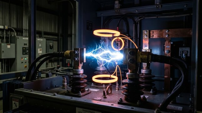 High voltage electrical discharge between glowing metal rings in industrial testing lab with circuit