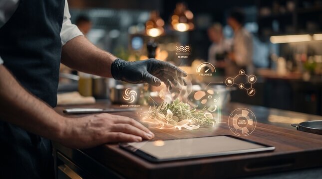Professional chef interacting with holographic food data interface in a modern restaurant kitchen setting featuring warm lighting and sharp details