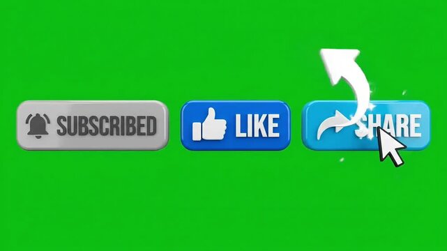 Subscribe, like, and share social media buttons with animated cursor clicking on green screen video footage