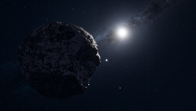 明るい星を背に浮かぶ暗い小惑星の想像図