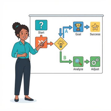 Woman presenting business strategy flowchart illustration