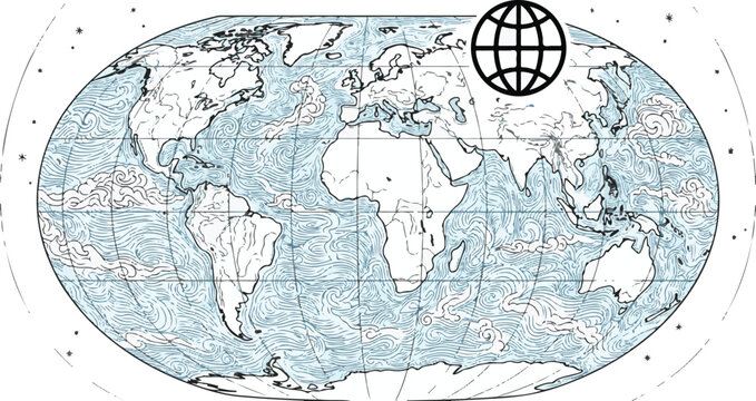 Oval map with swirling ocean currents and globe geography