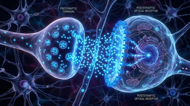 Neural synapse activity between presynaptic terminal and postsynaptic optical receptor in brain