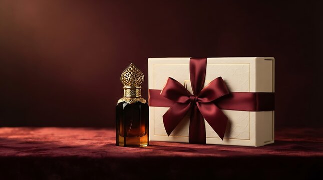 Luxury perfume bottle beside gift box with red ribbon for elegant gift presentation
