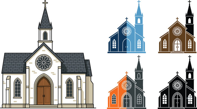 Vector illustration set of traditional church building designs featuring christian chapels cathedral steeples religious crosses and architectural line icons