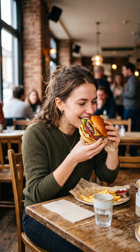 Woman eating delicious burger inside restaurant, casual dining, urban lifestyle portrait