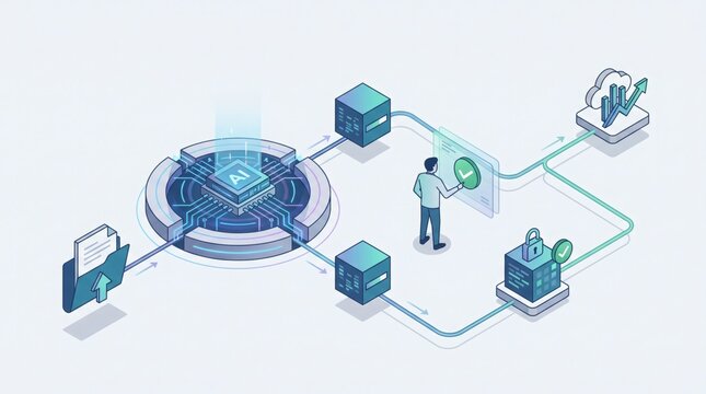 Detailed isometric vector diagram displaying AI data routing, server nodes, human supervisor verification, cloud analytics, and secure database storage.