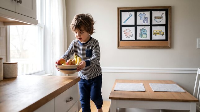 Child Carrying Breakfast Bowl Independently at Home