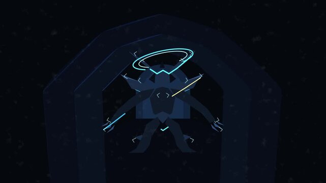 Pixel art robot animation inside dark tunnel with glowing cyan halo