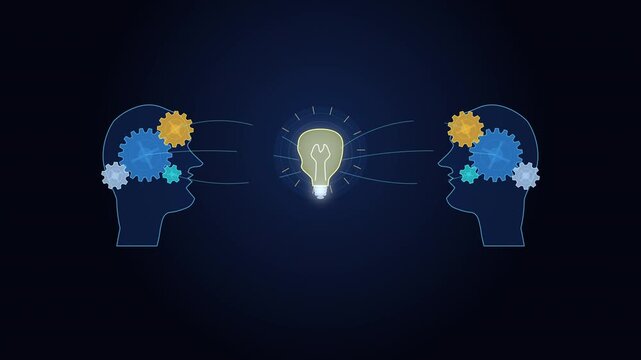 Pixel art animation of communication, idea, gear and mind connection