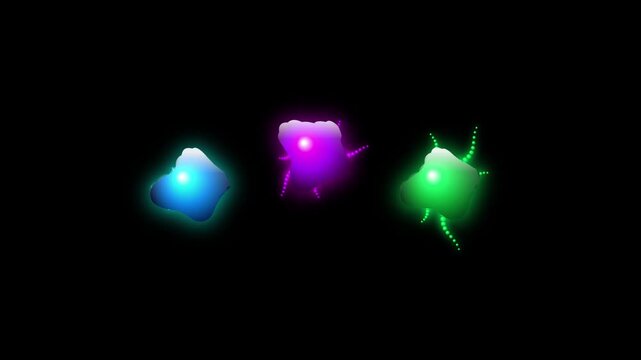 Abstract glowing colorful amorphous organic shapes with light particles and soft neon radiance