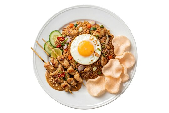 Indonesian Nasi Goreng fried rice with chicken satay sunny side up agg prawn crackers.
