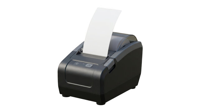 Modern thermal receipt printer with blank paper roll isolated on white background transparent background