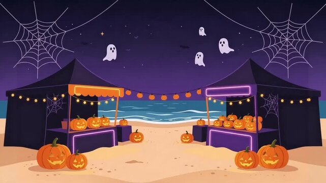 Spooky Beach Market Stalls decorated with Pumpkins and Ghosts, Halloween Night Festival