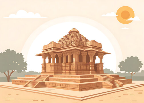  Modhera Sun Temple  modern minimal vector illustration of Modhera Sun Temple with intricate stepped architecture and geometric stone details 