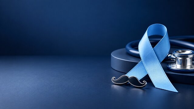 Light blue ribbon with mustache pin and medical stethoscope on navy blue background for mens health month