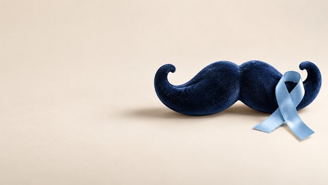 Dark blue velvet mustache with light blue awareness ribbon on beige background with copy space for movember