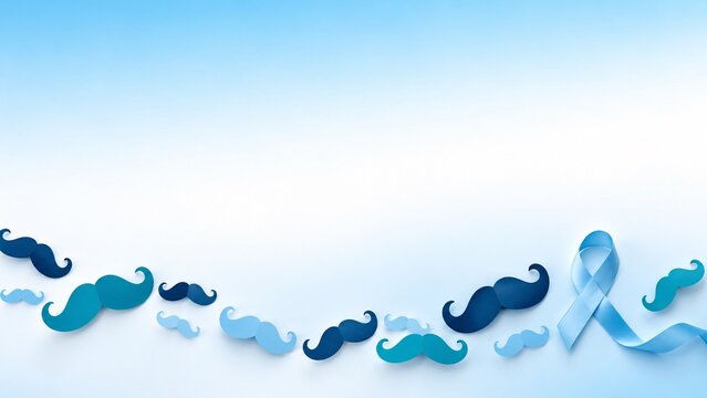 Bottom border frame of colorful paper cut mustaches and blue ribbon on light blue background with copy space