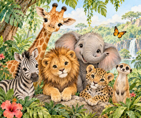 Obraz premium Cute Safari Baby Animals in Tropical Jungle Watercolor Illustration
