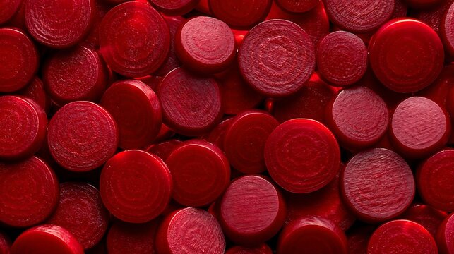 Down view of many sliced fresh red beet root vegetable circles arranged in a dense pattern on a flat surface for food