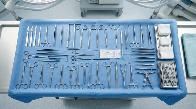 Surgical Instruments Arranged on Blue Drape in Operating Room