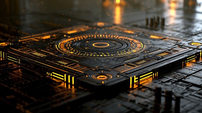 Futuristic electronic circuit board with glowing orange light patterns and circular glowing on a dark metallic background, with sparks