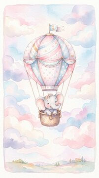Cute Watercolor Baby Elephant Hot Air Balloon Nursery Clipart Illustration
