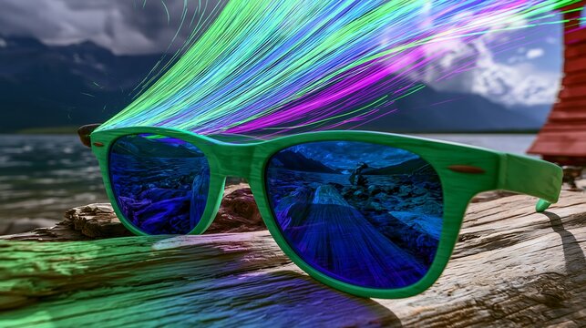 Green wooden sunglasses resting on a weathered driftwood log with vibrant neon fiber optic light trails streaming across a mountain lake view