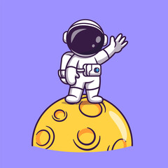 Cartoon astronaut waving while standing on a flying rocket ship © Sumon 