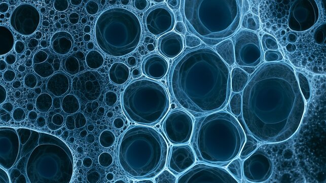 Microscopic view of translucent blue circular cell structures with interconnected web patterns resembling biological tissue or chemical bubbles