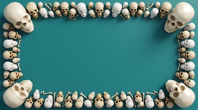Human skull border frame on teal background, flat lay