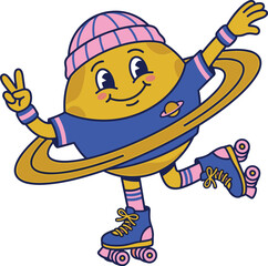 Obraz premium Retro Saturn planet character in vibrant colors featuring roller skates and beanie for sticker vector illustration