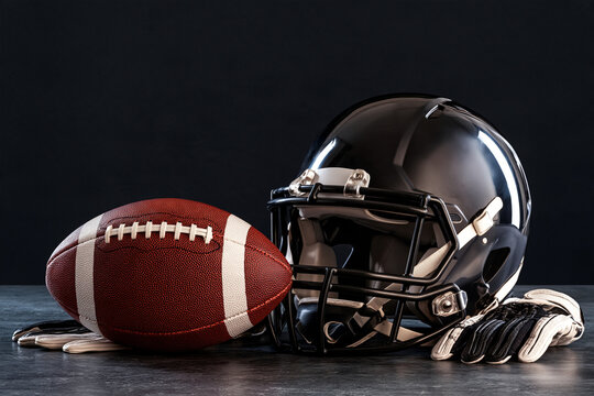 Black helmet rests beside a textured football. Gloves lie nearby, reflecting team spirit. Dark background highlights gear's bold design. Image conveys athletic readiness and focus