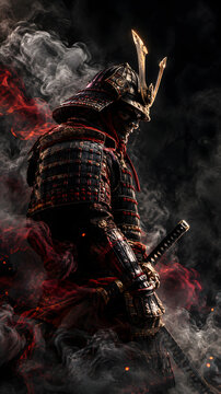 Samurai Warrior Emerging from Smoke on Dark Background, Japanese Warrior Fantasy Concept Art