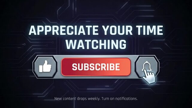 Subscribe button click animation with hand cursor graphic and glowing text overlay in digital video clip